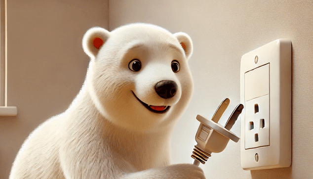 Polar bear with a yellow safety helmet and a red hammer on the ground, representing work-in-progress.